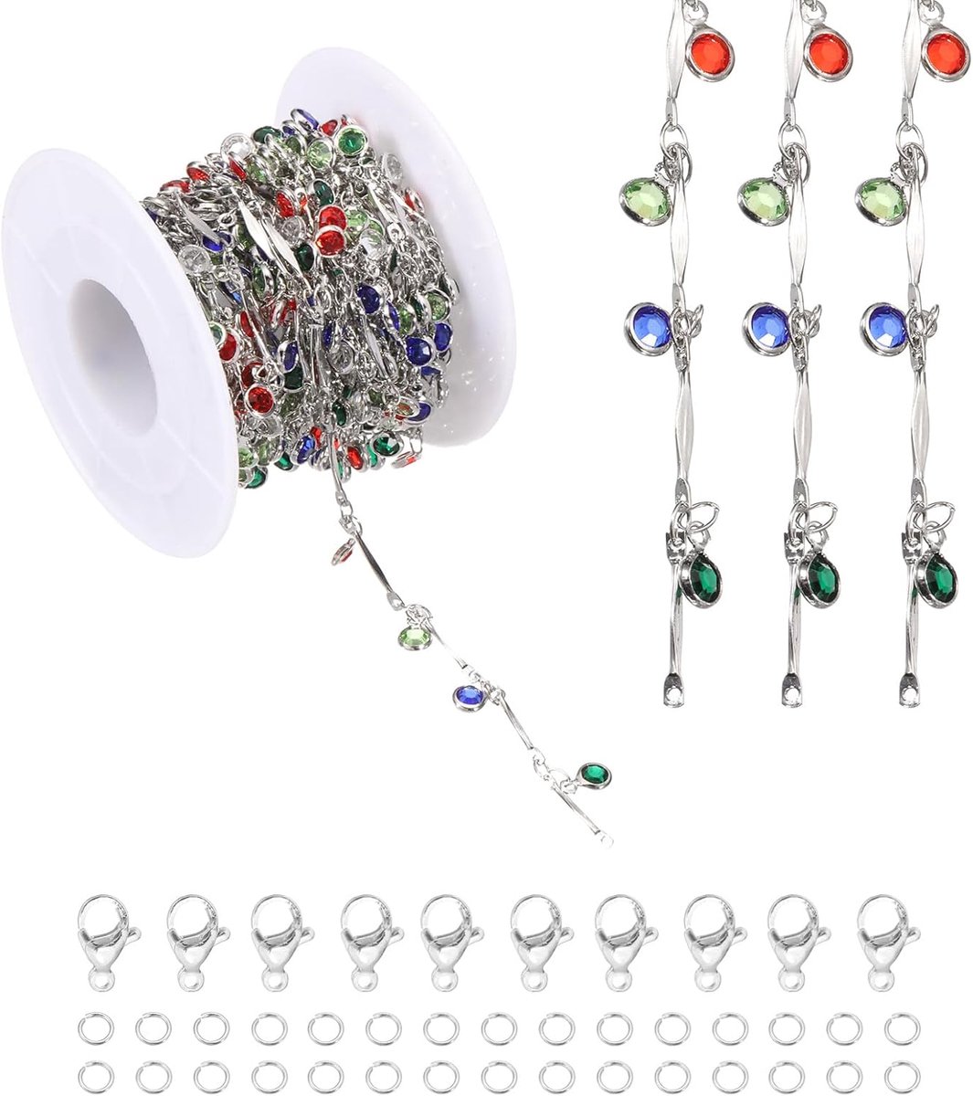 Kleurrijke Strass Stok Ketting Roll, Sieraden Maken Ketting Links Bulk met Kreeft Claps Jump Ringen voor Sieraden Maken Bevindingen DIY Craft Ketting Armbanden, Wit