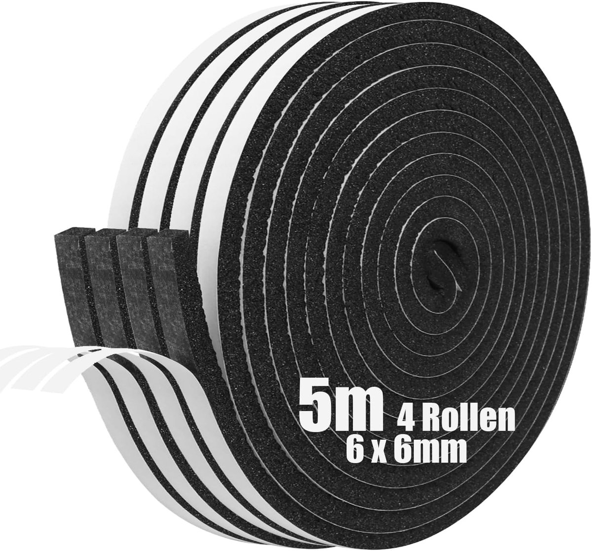 Zelfklevende schuimstrip 6mm(B) X 6mm(D) X 5m(L) weerstrippen deurafdichtingsstrip, tochtstopper voor ramen en deuren, anti-botsing, weerbestendig, geluidsisolatie van ramen (4