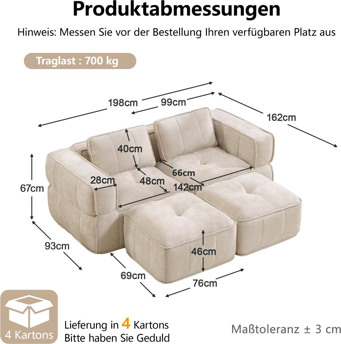 MIVRAY Bank Set 198 cm - Modulaire 2-Zits Met 2 Hockers - Zachte Zitting En Diepe Zit - Voor Woonkamer En Appartement - Polyester - Beige