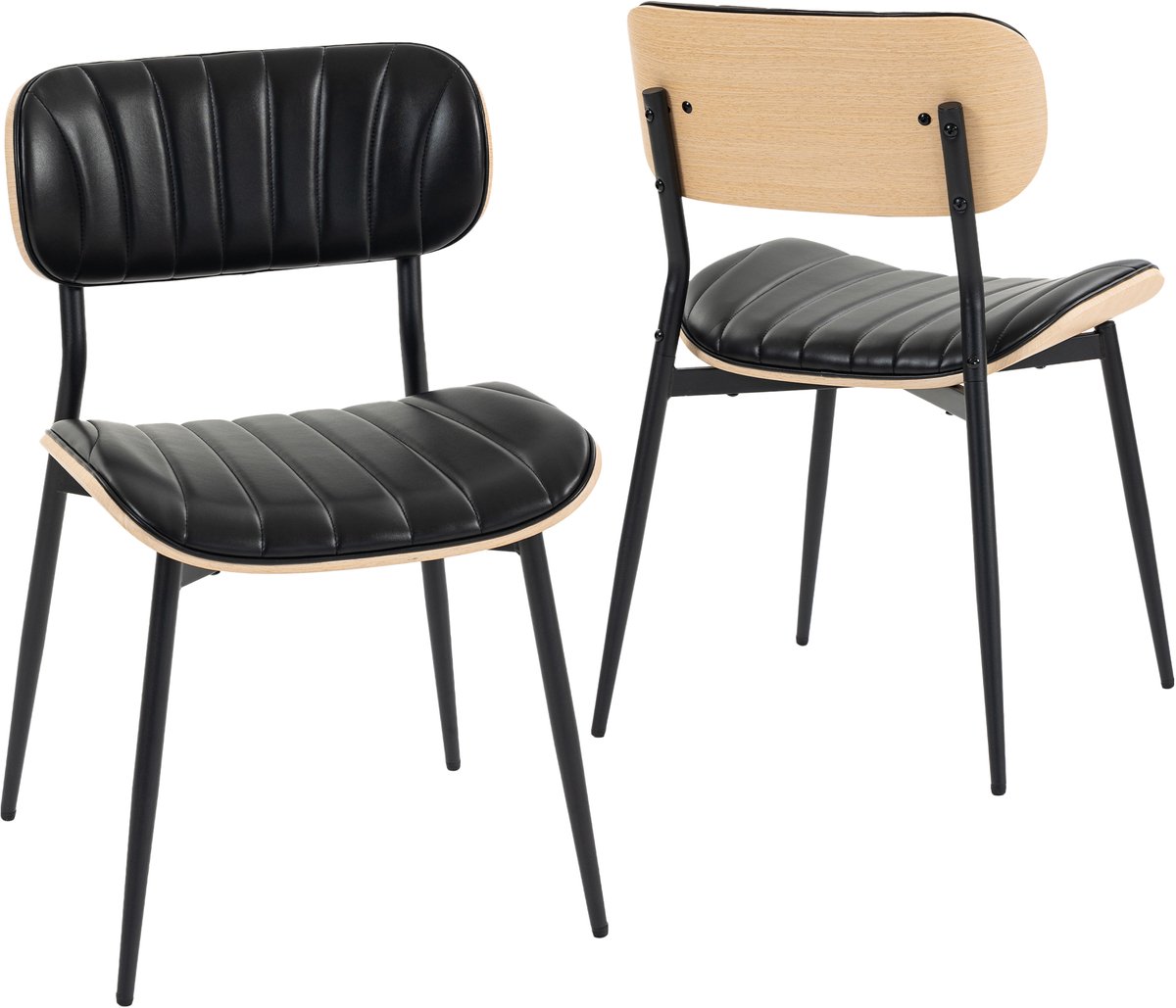 ECTEATOY® Eetkamerstoelen Set van 2 - Keukenstoelen - PU Leren Zitting & Gebogen Houten Rugleuning - Zwart - 49.5x49.5x80cm