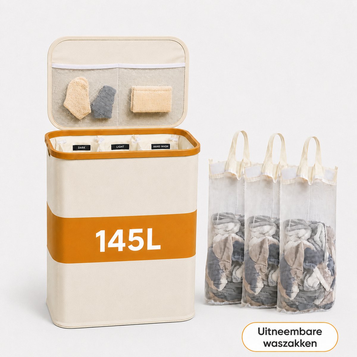 YYchan Wasmand 3 Vakken-Wasmand Met Deksel-Wassorteerder Bamboe-Oxford-Stof-Laundry Basket-Classificatielabel-Beige-145L