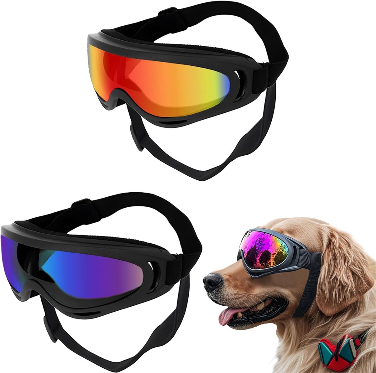SnelShoppen - Zonnebril voor Honden, UV Bescherming, Winddicht, Verstelbare Band, Medium Grote Honden Zonnebril, Rood en Blauw, Perfect voor Buitenact