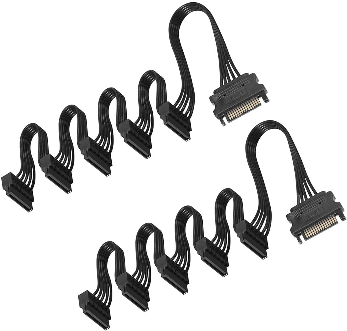 SnelShoppen - Set van 2 15 Pin SATA Mannen naar 5 SATA Vrouwen Hardeschijf Splitterkabels voor HDD, SSD, DVD Spelers, Hoge Kwaliteit, Duurzaam, 2 Stuk