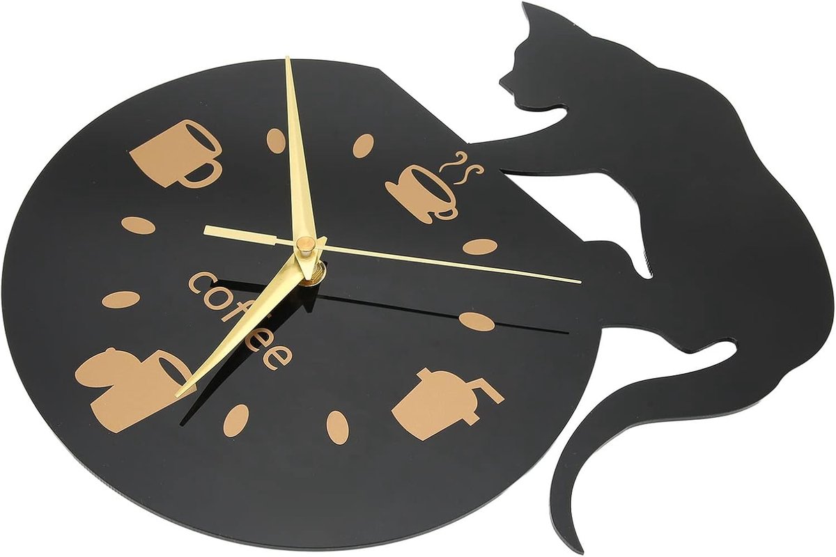 SnelShoppen - Keuken Wandklok Koffie Kat 3D Effect Duurzaam Acryl Stille Beweging Eless Design Waterdicht Veilig Stil Wandklok