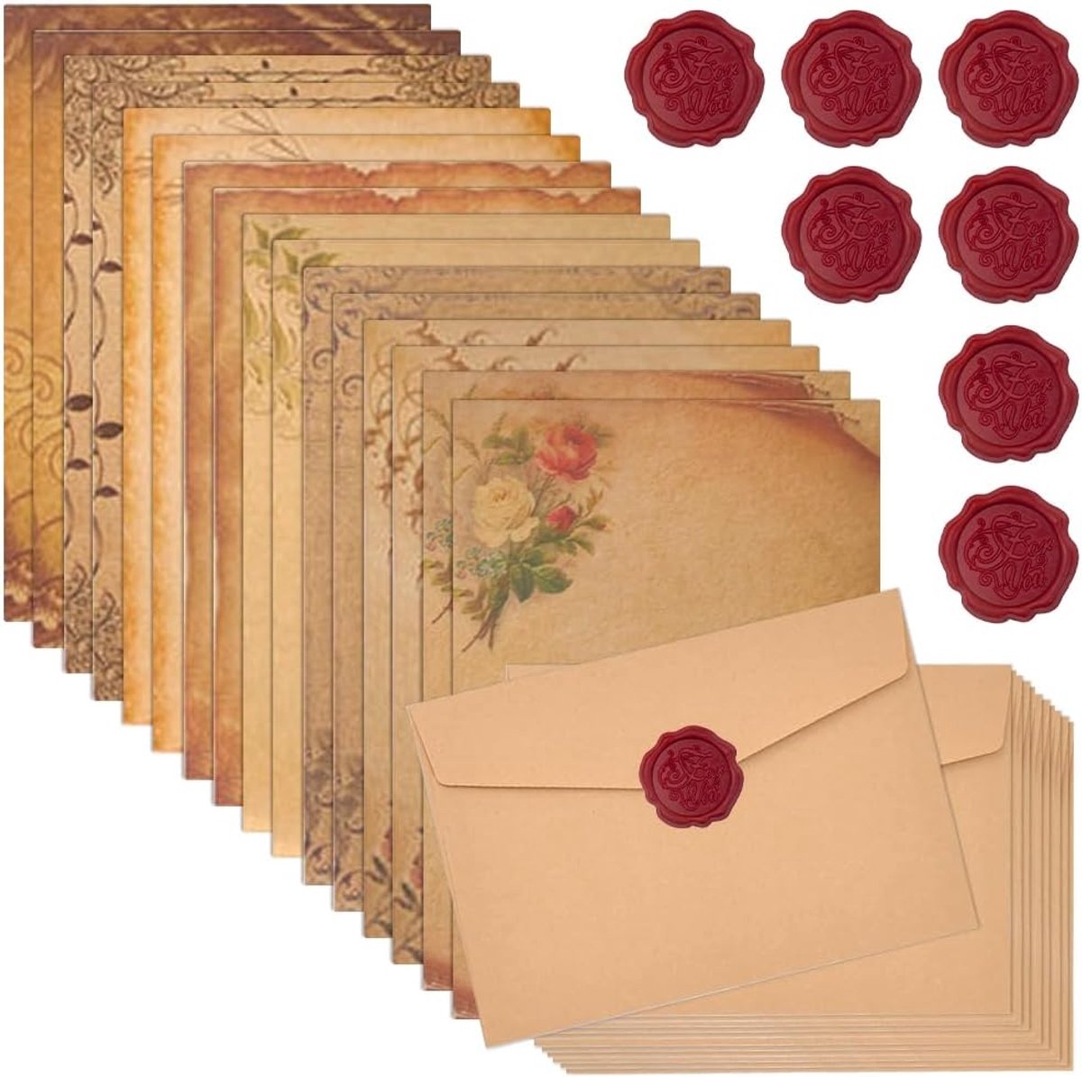 SnelShoppen - 16-delige B5 Vintage Briefpapier Set met Enveloppen en Waszegels - Retro Kraft Papier met 8 Patronen voor Feest, Post en Creatieve Proje