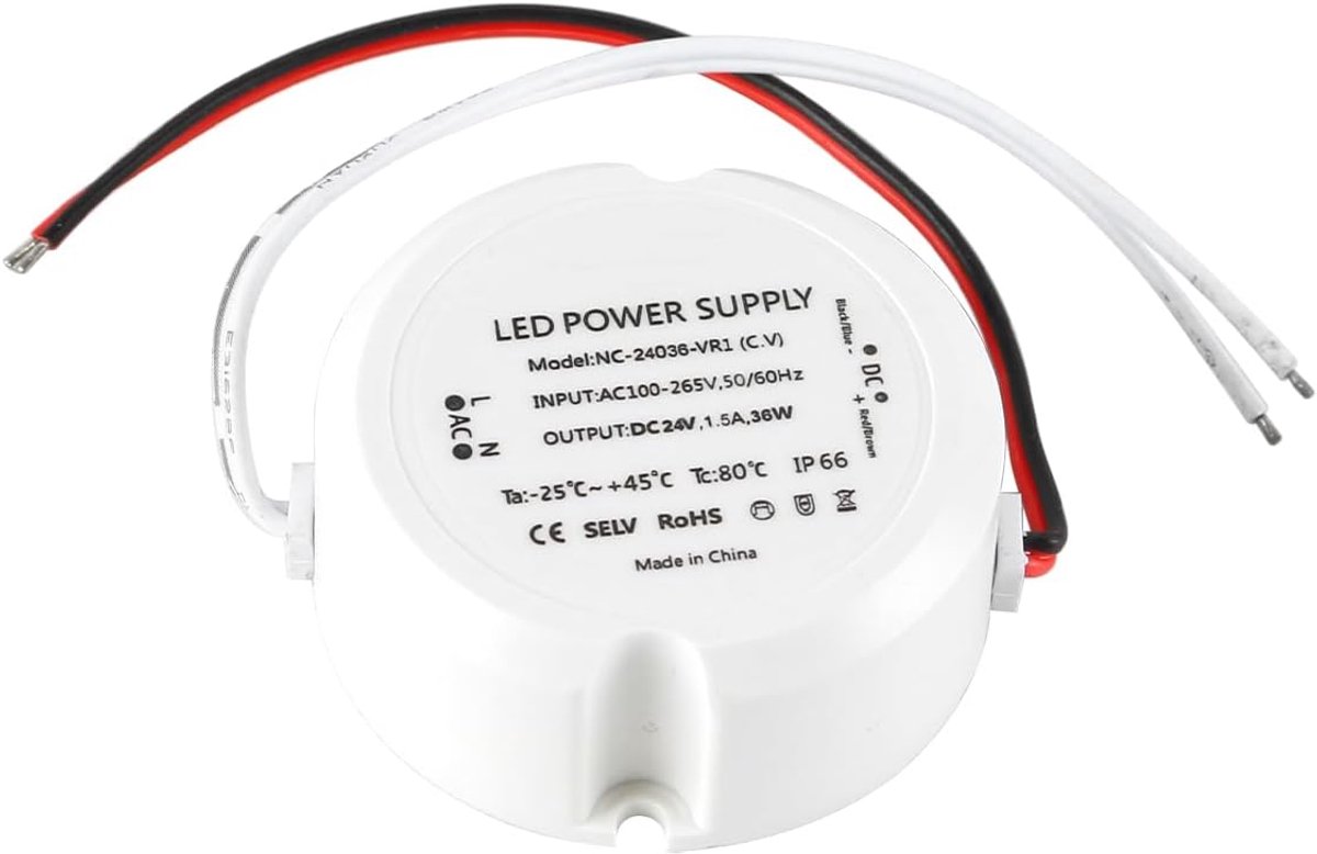 SnelShoppen - LED Transformer 24V 36W Mini Ring Voedingsadapter 230V naar 24V AC/DC, Geen Flikkering, Stille Werking, IP66 Bescherming, Voor LED Verli