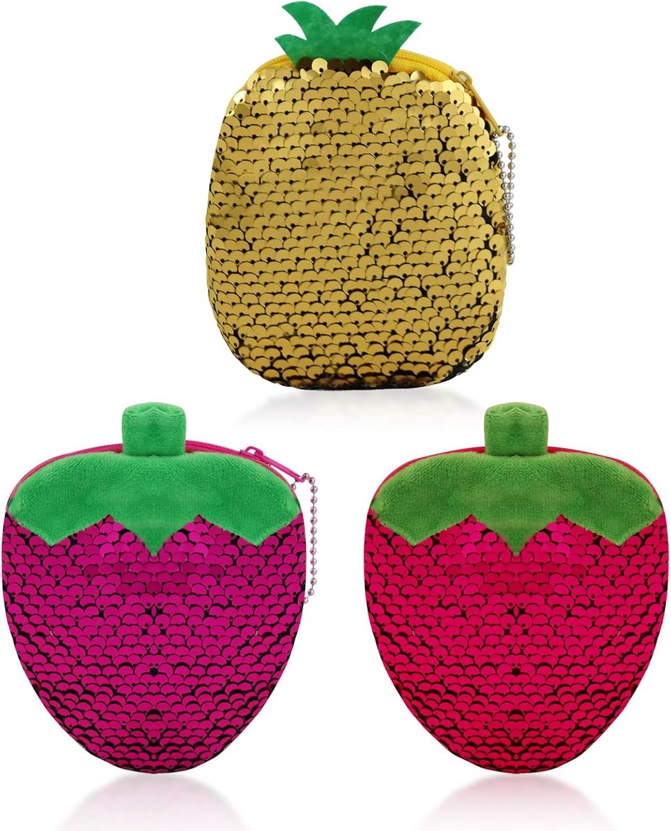 SnelShoppen - 3 Stuks Damesportemonnees, Kleine Schattige Fruitpatroon, Kleine Ritsportemonnee, Pailletten, Mini Portemonnee voor Reizen, Werken, Wink