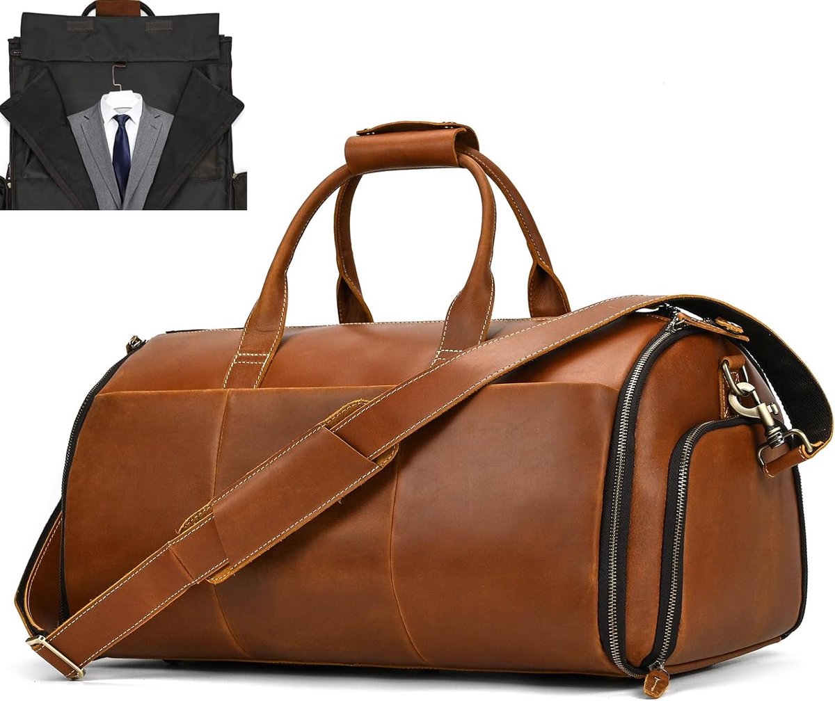SnelShoppen - Heren Reisbagage, Echt Leer, Kledingzak, Reistas, Kostuumtas, 2-in-1 Garment Bag met Schoencompartiment, Sporttas, Weekendtas, Reisbagag