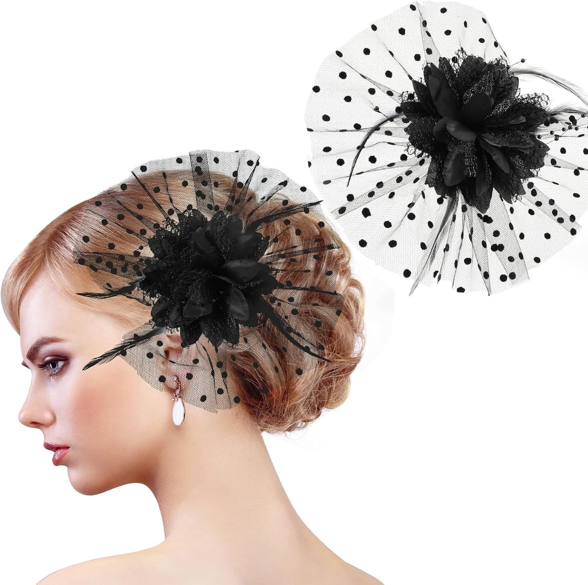 SnelShoppen - Zwarte Bloemige Haarspeld met Veder, Vintage Netwerk Bloem Haaraccessoire voor Dames, 20s Fascinator Clip voor Bruiloft, Cocktail, Prom,