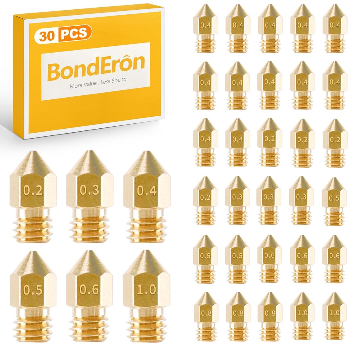 30pcs MK8 3D Printer Mouthpiece Set, Brass & Stainless Steel, Sizes 0.2-1.0mm (incl. 0.4mm), Compatible with Creality - ShopVlot