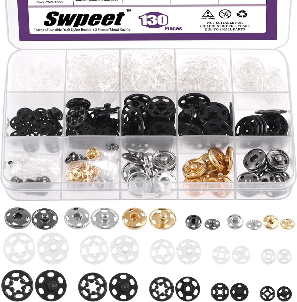 SnelShoppen - 130 Sets Snapknopen Assortiment - 7mm-20mm - Plastic & Metaal - Duidelijke en Verborgen Drukknoopjes voor Kleding en Creatief Werk