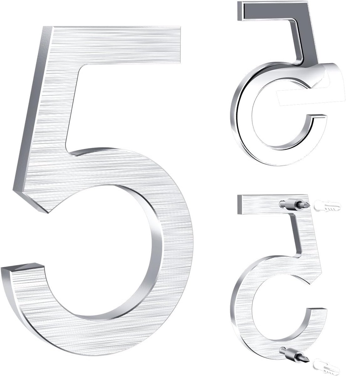 Huisnummer 12,5 cm - Massief Aluminium - Geborsteld Oppervlak - Zelfklevend/Met Schroeven - Weerbestendig - Voor Deur/Muur/Poort - Deurbord