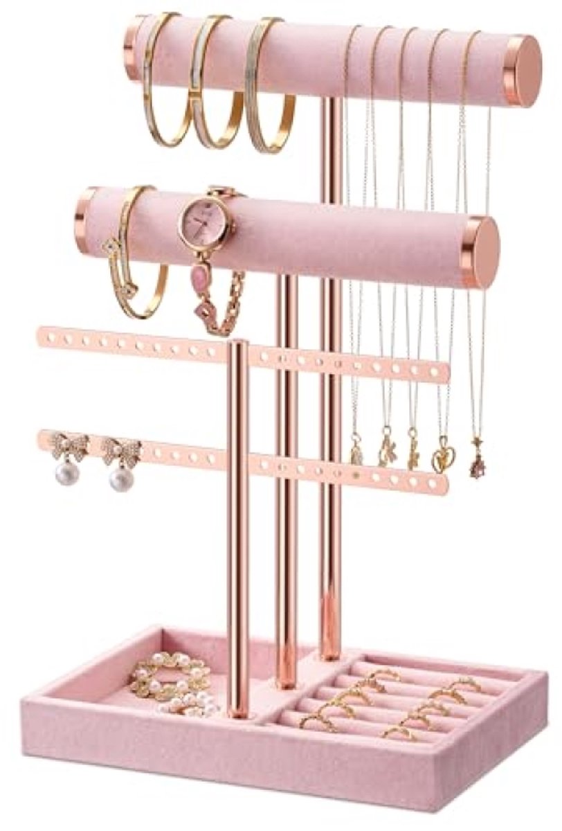 Arvion Sieraden organizer met 3 niveaus, Roze sieradenstandaard, armbanden, afneembare T-brug, fluwelen armbandhouder voor armband, ketting, horloges en ringen