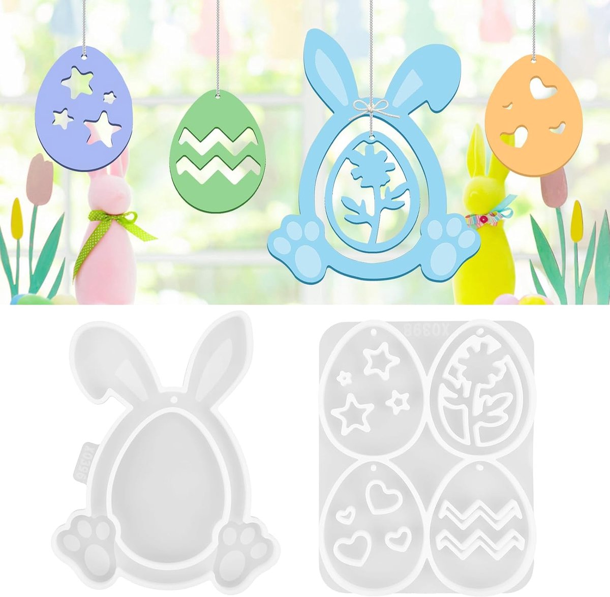SnelShoppen - Silicone Mallen voor Pasen, Konijn en Paaseieren, Silicone Mold, Hangdecoratie, Pasen Gips Mallen, 5 Stuks, Hoogwaardige Silicone, Creat