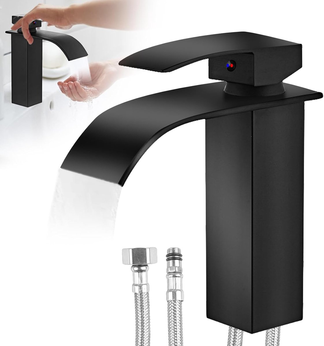 SnelShoppen - Touch-On Waterval Kraan voor Badkamer, Zwart, Gematteerd, Vingerafdruk Bescherming, Enkele Hendel Mengkraan met 60 cm RVS Slang, DVGW Ge