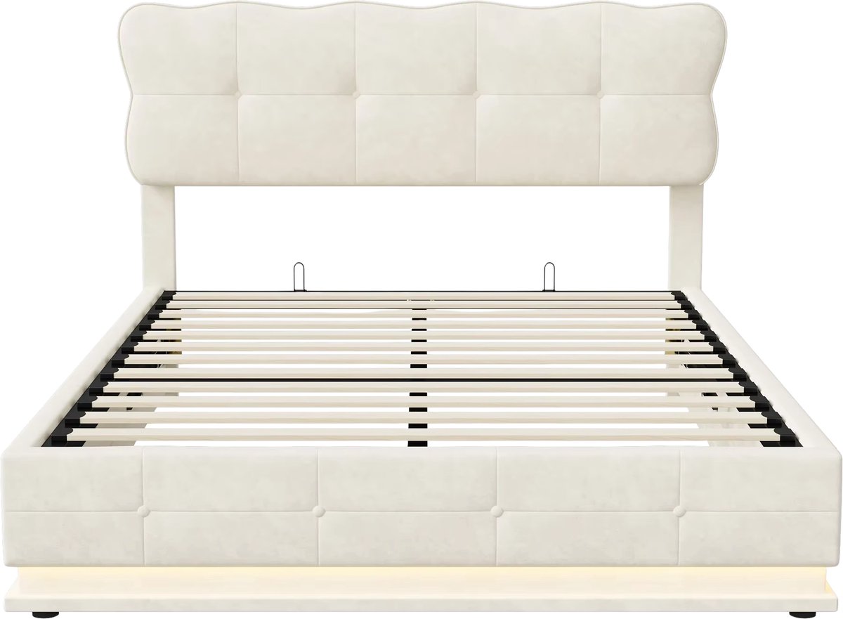 Happiq Opbergbed 140x190 cm Beige – Gestoffeerd met Hydraulische Opbergruimte, LED en Hoofdbord