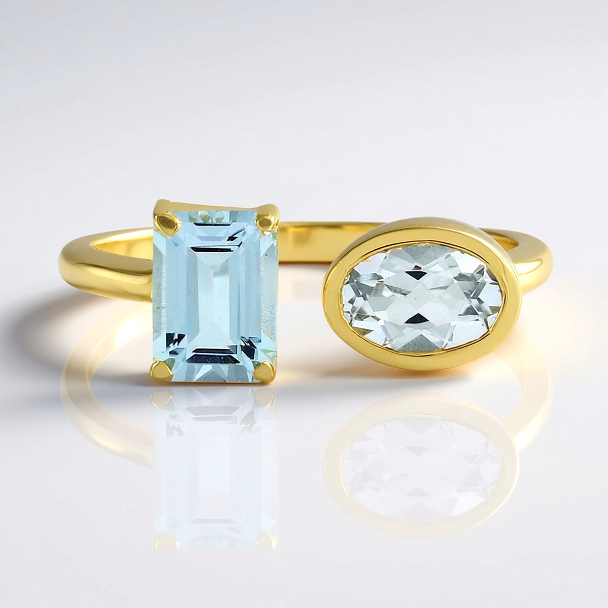 Cavill - Elegante damesring 925 Sterling Zilver Verguld - Verstelbare ring met hemelblauwe topaas 1,5 ct - Achthoekige en ovale edelstenen