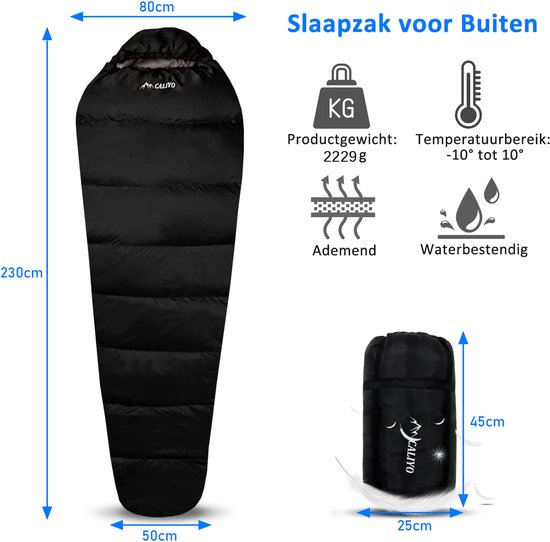 CALIYO Mummieslaapzak - 230 cm Winterslaapzak , -10°C tot 10°, voor Kamperen, Wandelen en Bergbeklimmen, incl. tas - Rits links van CALIYO — afbeelding 3