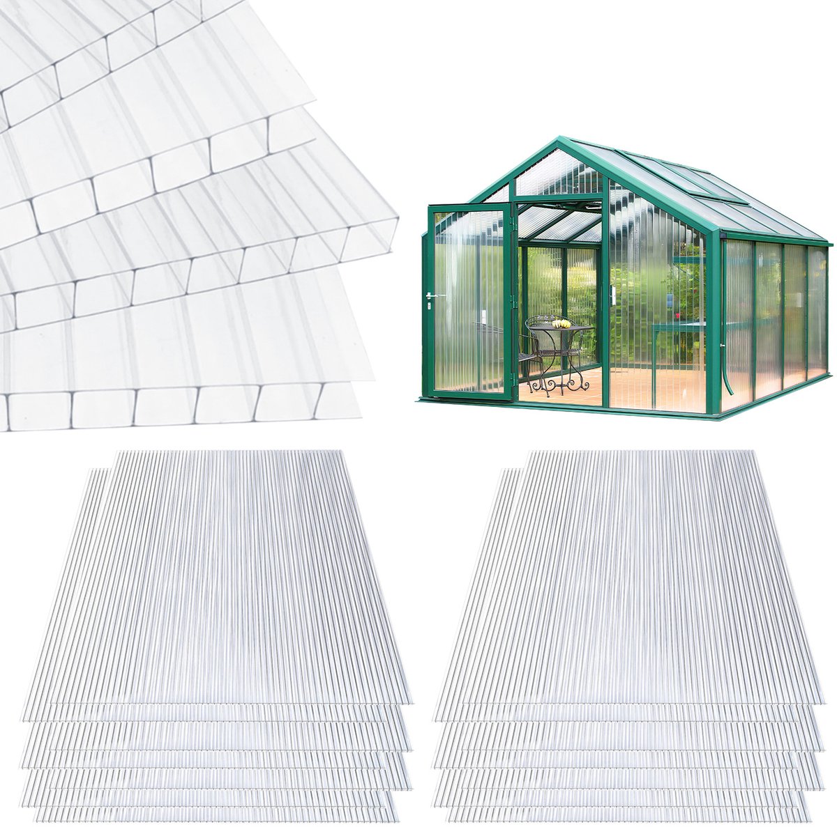 Kanaalplaten polycarbonaat 8 mm, 10 stuks 121 x 60,5 cm, voor terrasoverkapping, dak en kweekbak
