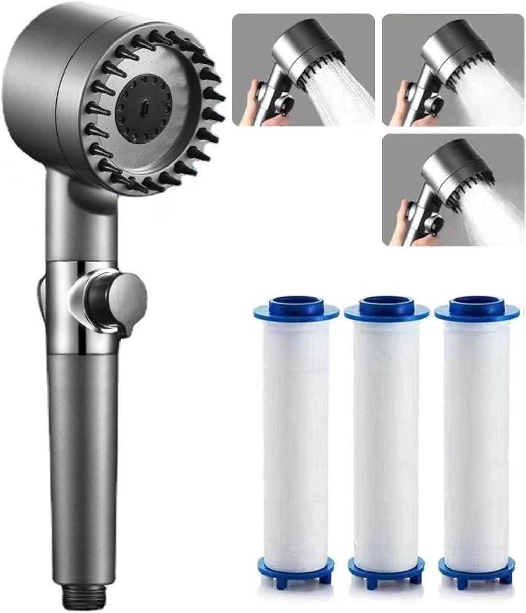 Hoogdruk Handdouche met 3 Stralen, Kalkbestendige Waterbesparende Douchekop en 3 Vervangbare Filters