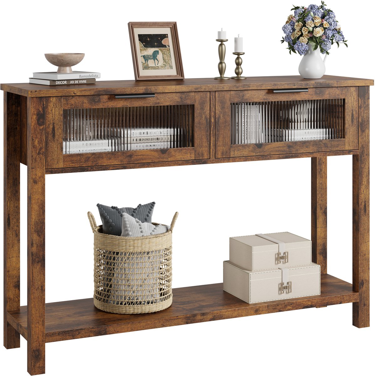 Landelijke Sidetable - Consoletafel met 2 Laden en Opbergplank - Wandtafel voor Hal, Woonkamer of Slaapkamer - Robuust & Stijlvol - bruin