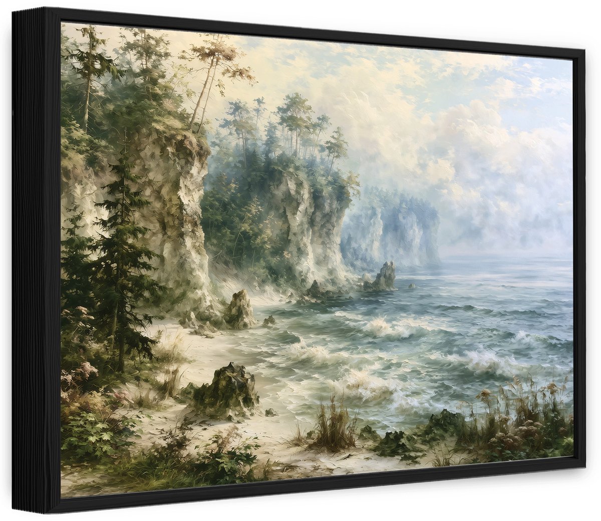 WALLARENA Canvas schilderij met zwarte lijst 90x60 cm - strand, kliffen en natuurlandschap Groen