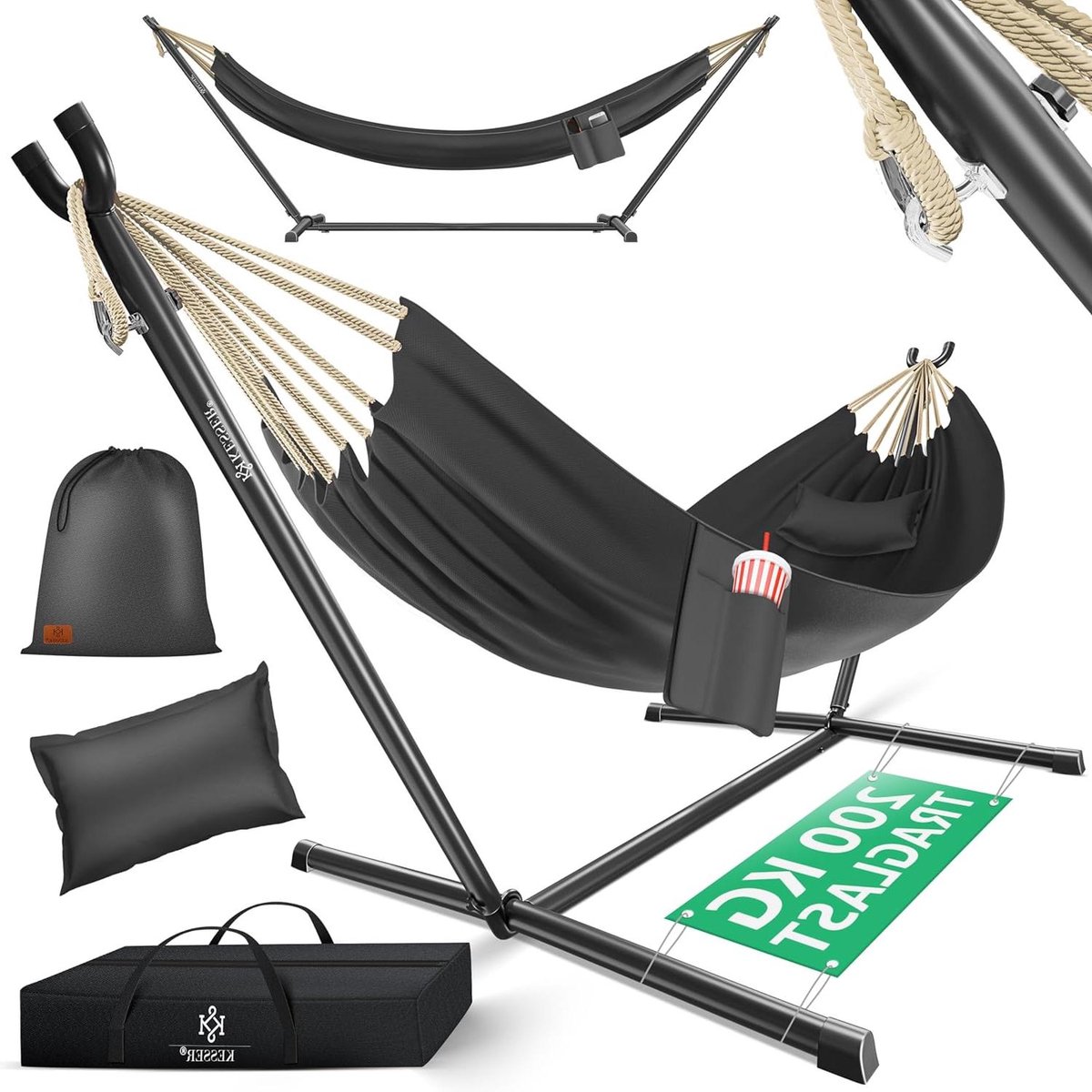 Hangmat met frame - Dubbele ligstoel - Buiten ontspannen - Stabiel stalen frame - 200 kg draaglast - Antraciet