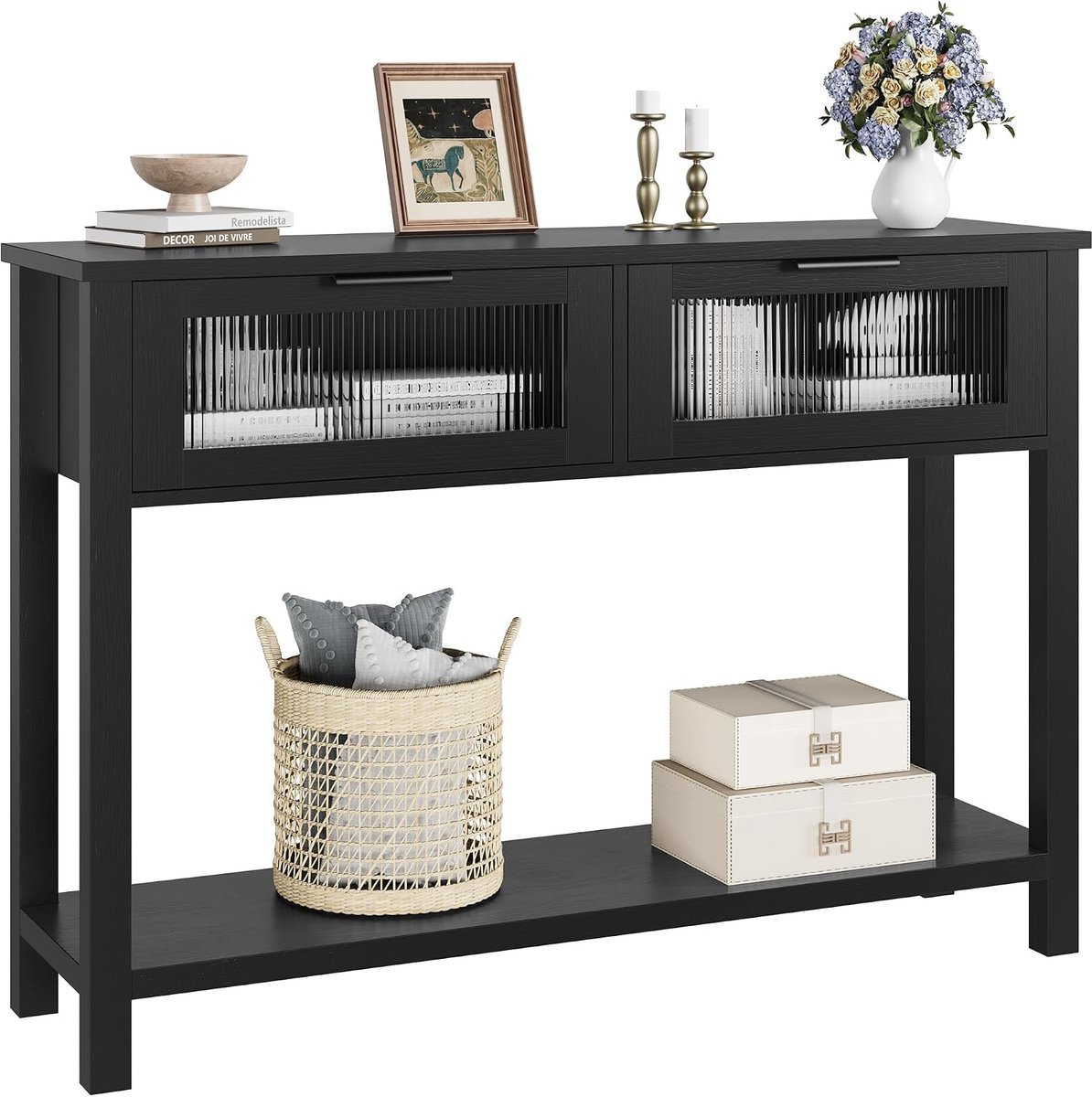 Landelijke Sidetable - Consoletafel met 2 Laden en Opbergplank - Wandtafel voor Hal, Woonkamer of Slaapkamer - Robuust & Stijlvol - Zwart