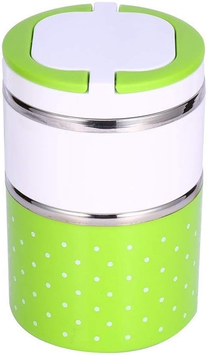 SnelShoppen - Isolerende Thermos Lunchbox RVS Voedselopslag Container Met Handvat Schattig Puntpatroon 900ML Groen, 1/2/3 Laags Voor Kinderen, Feest,