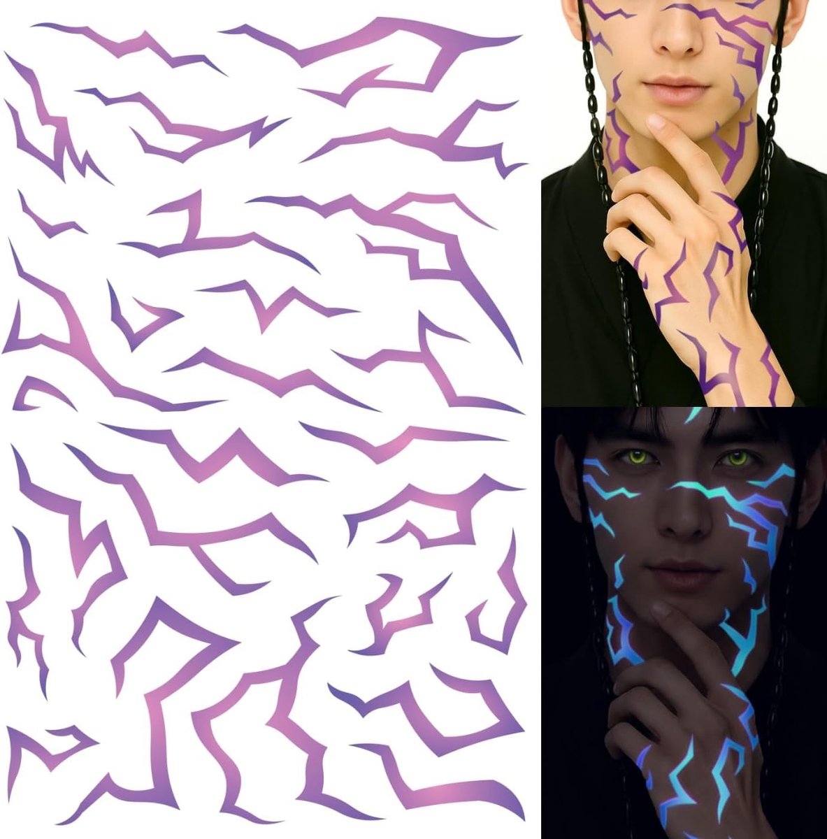 3 Bladen UV KPOP Glow Tijdelijke Demon Kostuum Tattoos met Paars Demon Energie Patroon voor Cosplay, Festivals en Halloween Feestjes
