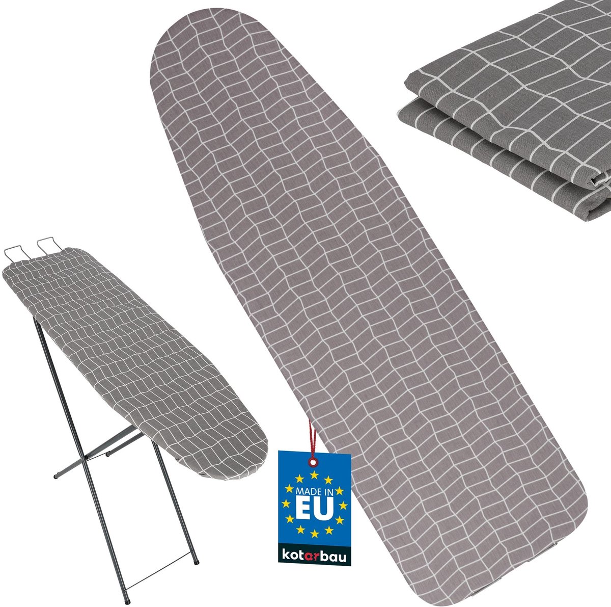 KOTARBAU® Strijkplankhoes - Strijkplankhoezen - Strijkhoes 114 x 36 cm - maat S - Hittebestendig - Katoen en Vilt - Grijs - Ruitpatroon