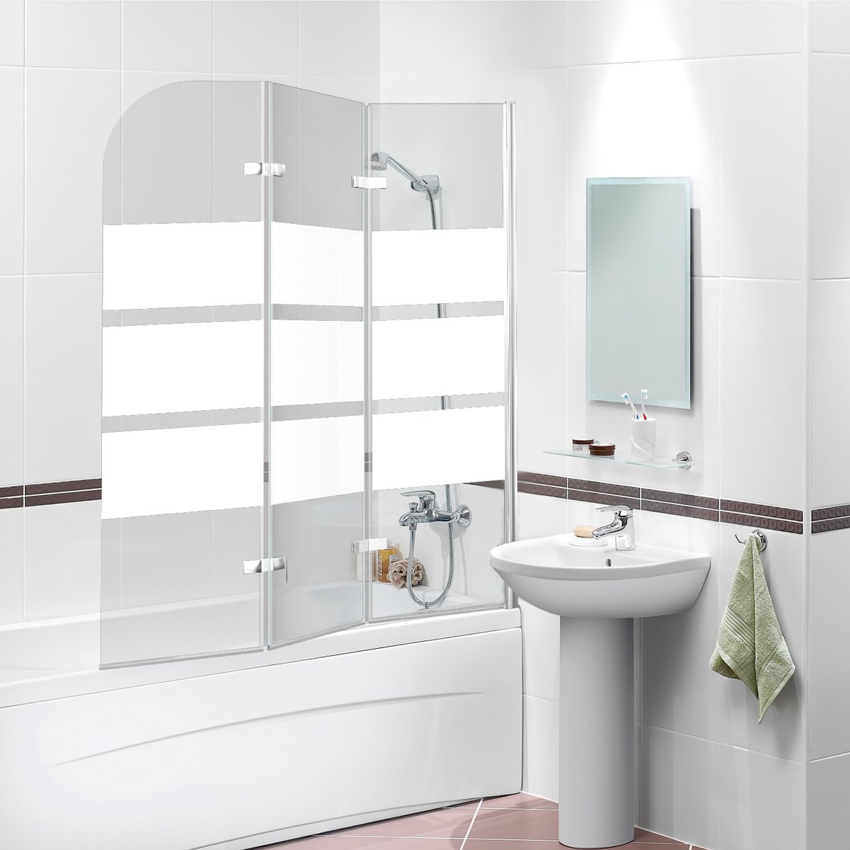 Peviasot Badwand 120x140 cm - 3-delig Inklapbaar - 6 mm Veiligheidsglas - Witte Strepen