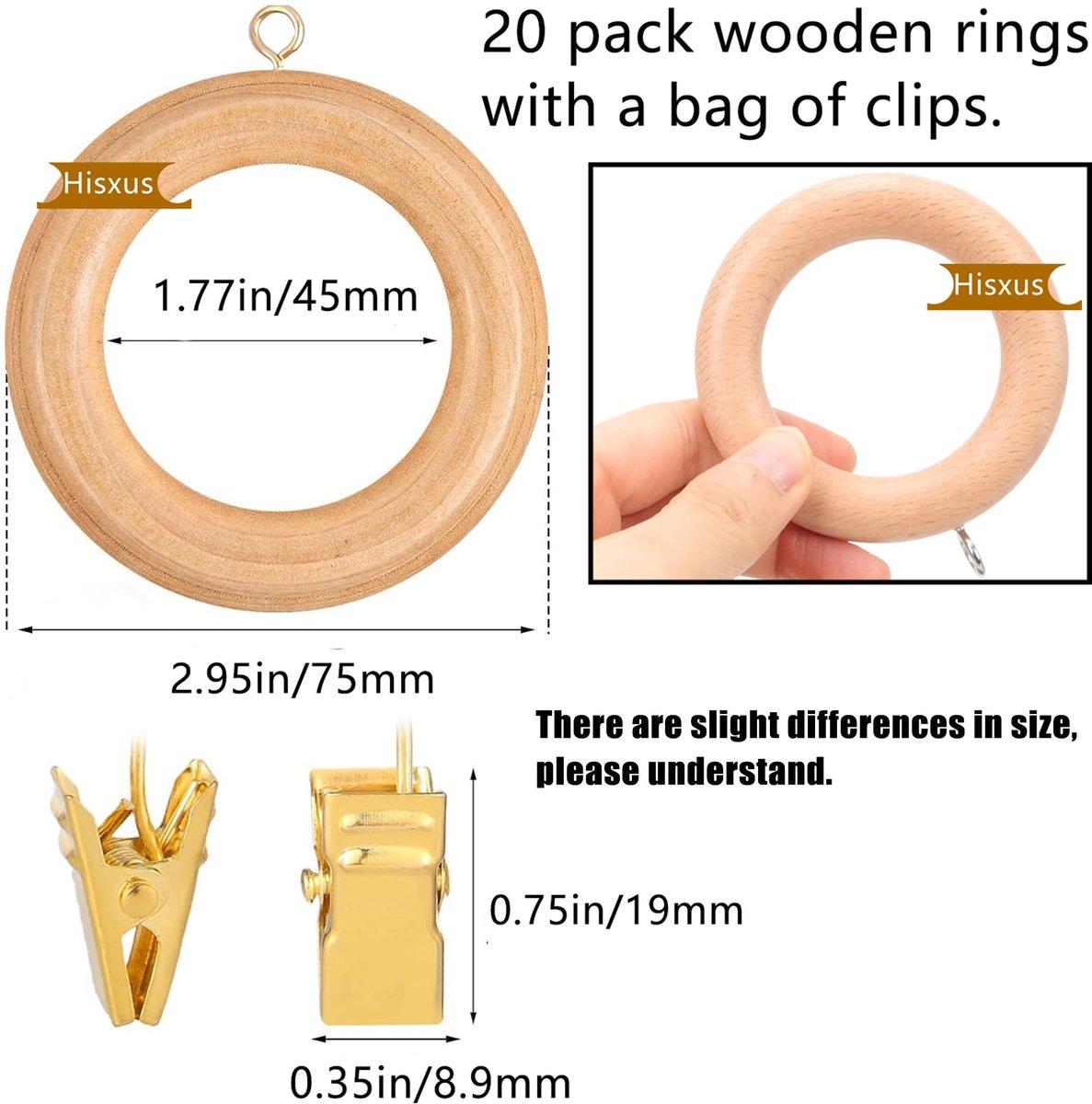 SnelShoppen - 20 Stuks Houten Gordijnroede Ringen met Clips 7,6 cm Buitendiameter Beukenhout Retro Bruin voor 2,5-3,8 cm Gordijnroede Paal