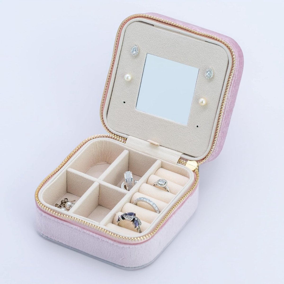 SnelShoppen - Luxe Sieradenbox Reistas, Organiser en Opbergdoos voor Ringen, Oorbellen, Armbanden, Kettingen, Inclusief Spiegel, Premium Roze Velvet