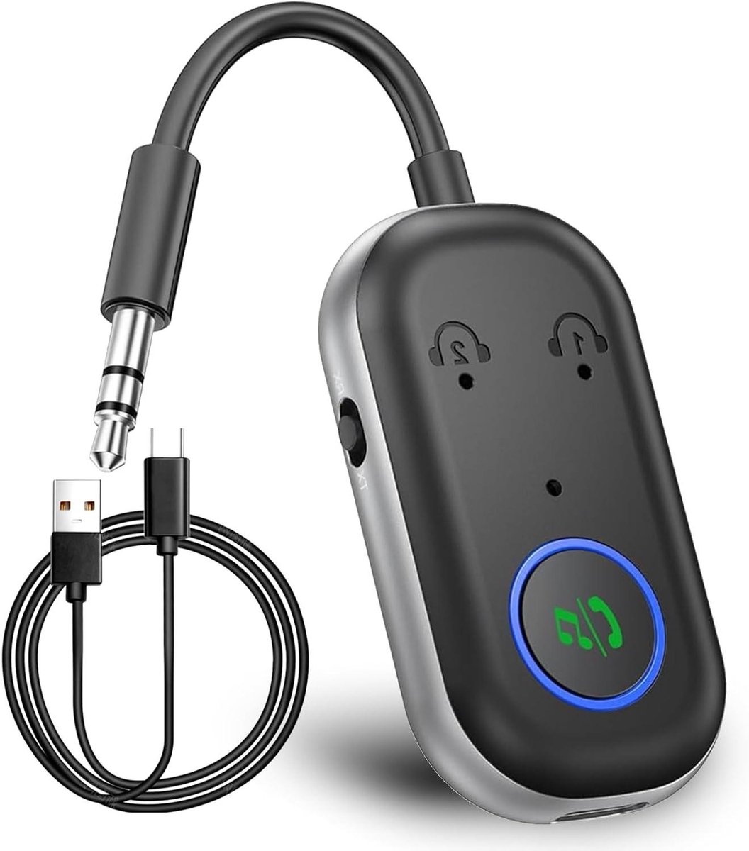Bluetooth Adapter Jack - Draadloze Audio Zender - Draadloos Luisteren - Twee Apparaten Tegelijk - Bluetooth 5.3 - Zwart