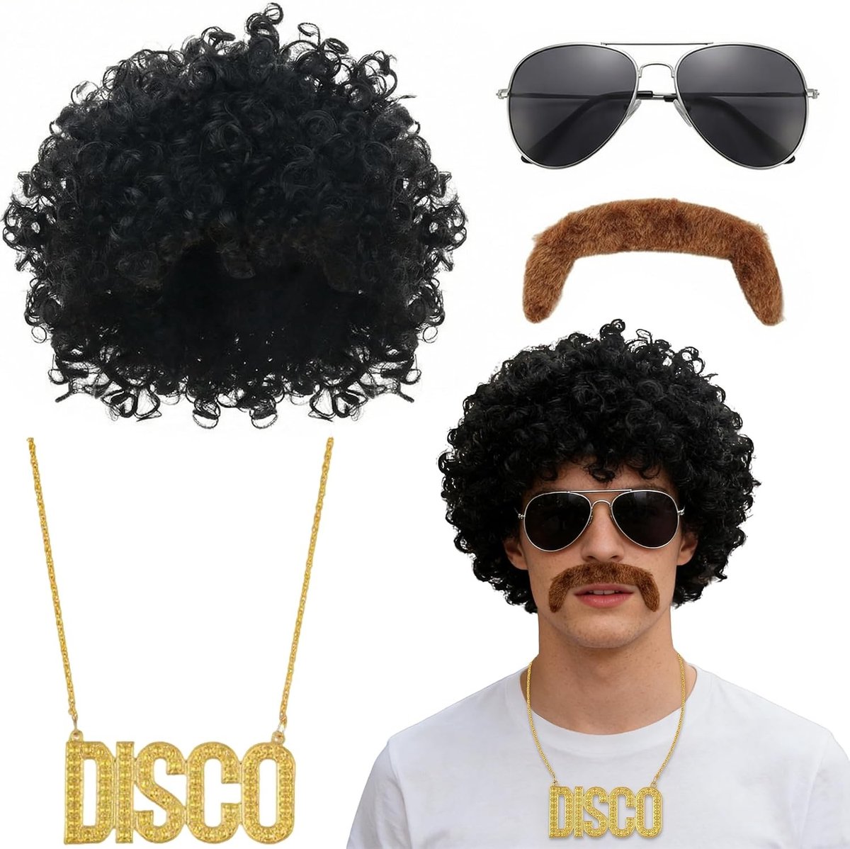 Disco Kostuum voor Mannen uit de Jaren '80 met Perücke, Zonnebril en Disco Ketting voor Carnaval en Feestjes