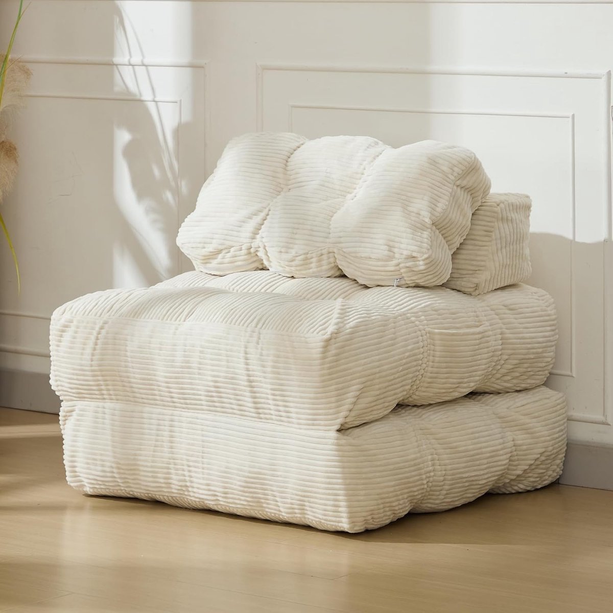 3-in-1 Slaapbank & Opvouwbare Fauteuil - Comfortabele Loungestoel met Kussen - Luxe Ribstof (Corduroy) - Wasbare Hoes - Ruimtebesparend Logeerbed - beige