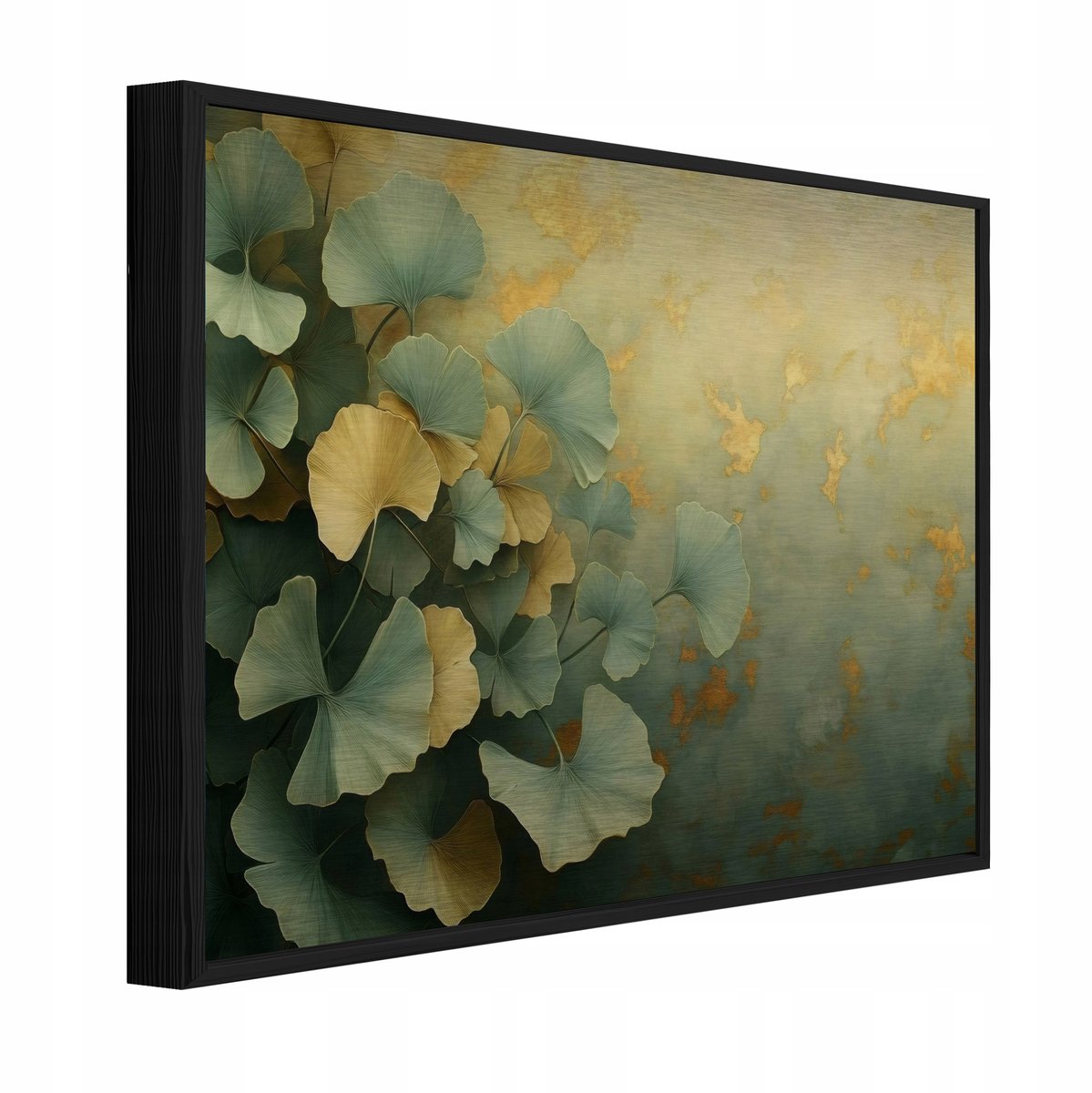 WALLARENA Schilderij op geborsteld aluminium met zwarte lijst 150x100 cm - ginkgobladeren in loftstijl - wanddecoratie voor woonkamer en slaapkamer Groen