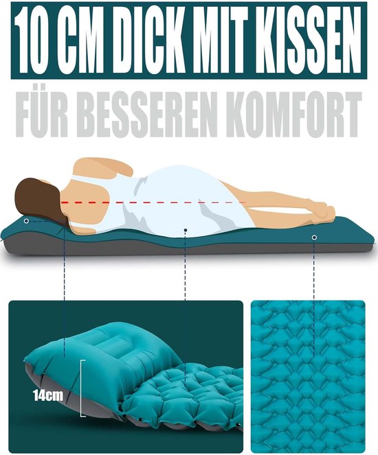 Kampeer Slaapmat - Luchtbed Opvouwbaar - Buiten Ontspannen - Zelfopblazend Met Pomp - 10CM Dik - Pauwenblauw — afbeelding 2