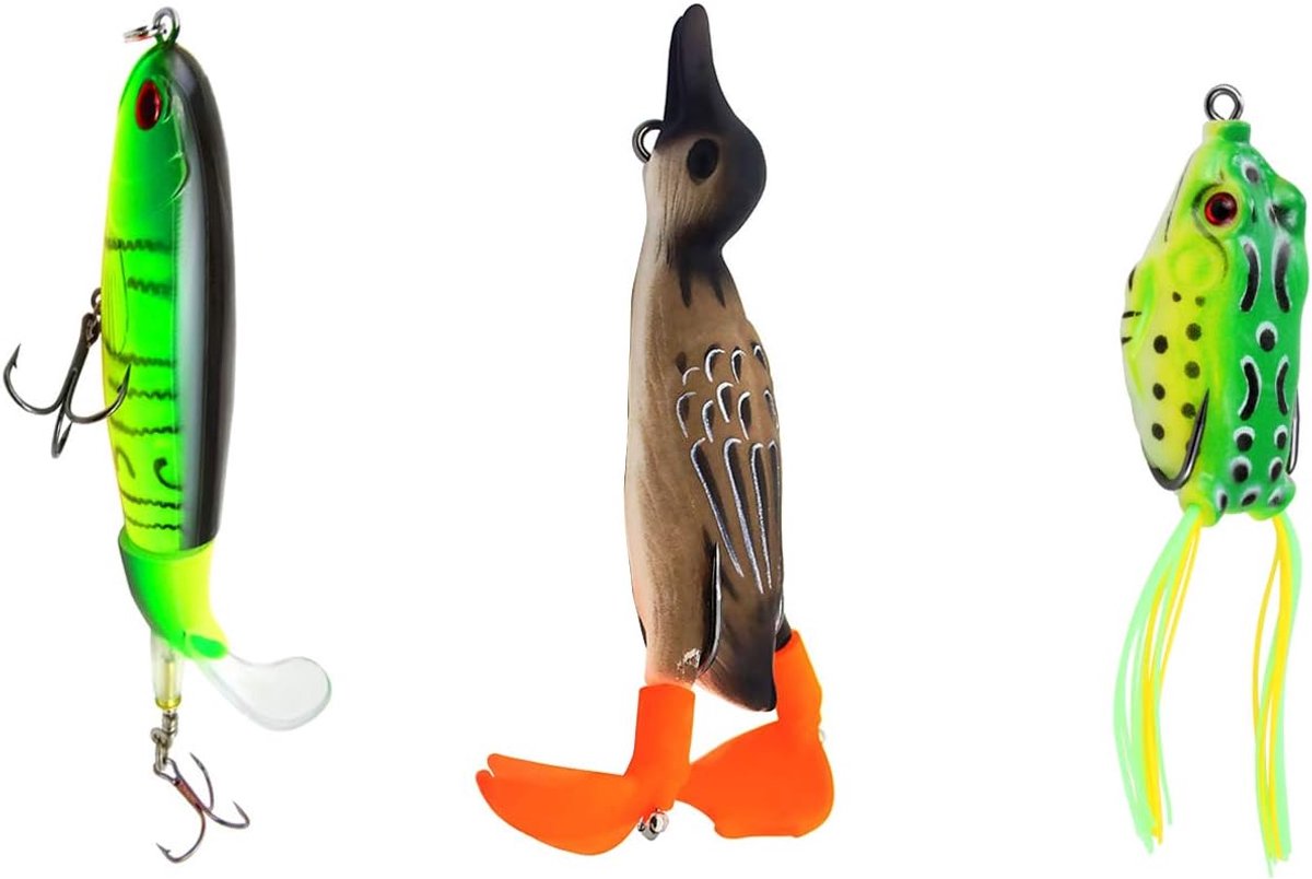 Kunstaasset topwater aas - 3 stuks 3D eend, donderkikker en haringen - voor zoet- en zoutwatervissen - SnelShoppen