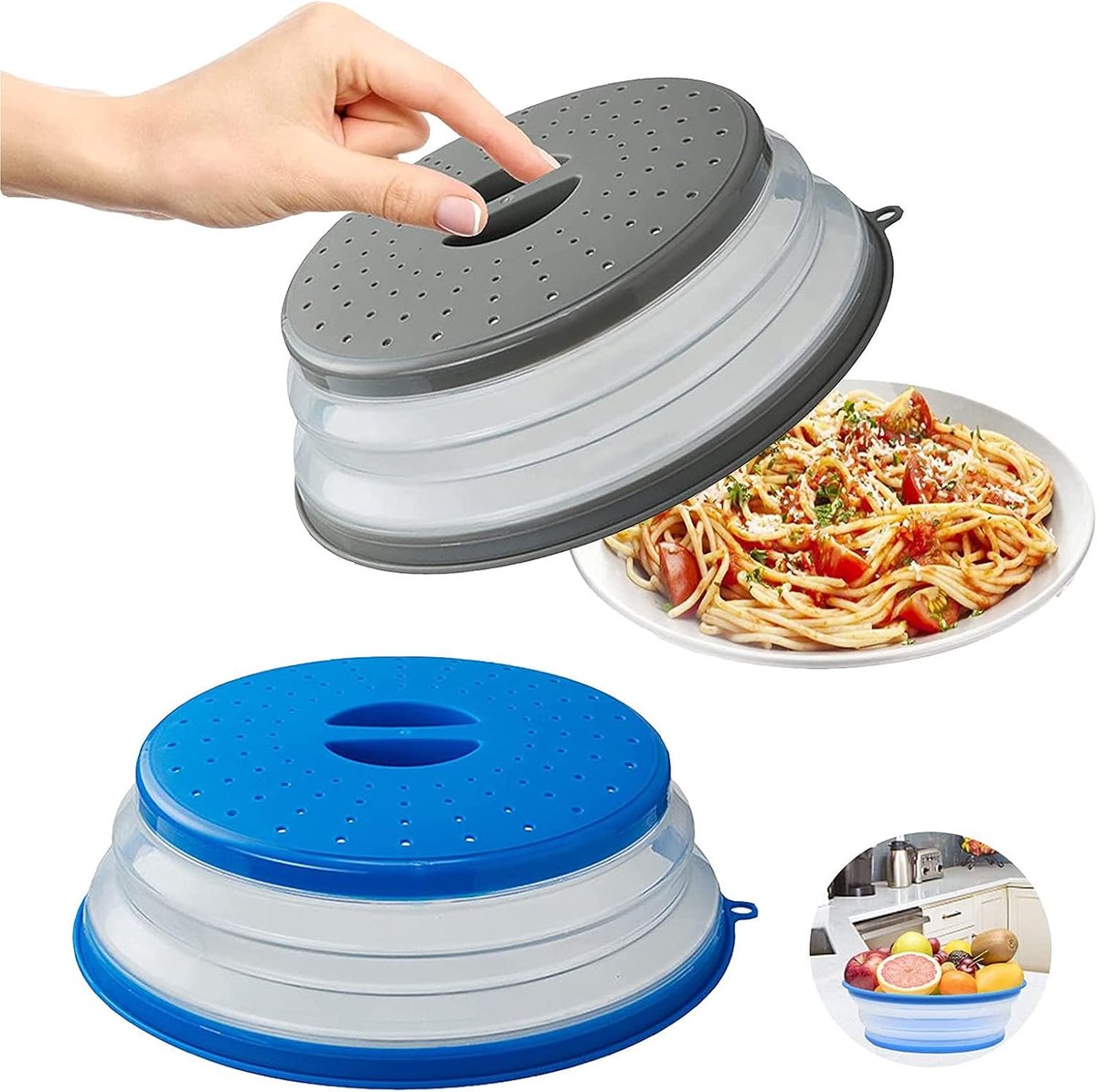 SnelShoppen - Vouwbare Magnetron Deksel 2-Pack - Magnetron Spetters Bescherming met Stoomgaatje - Ruimtebesparend Keuken Accessoire - Grijs + Blauw