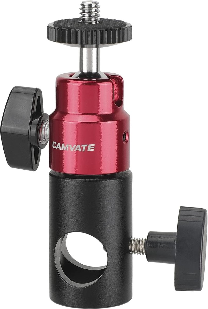 SnelShoppen - 16mm Statiefkop Adapter + Balhoofd Houder met Dubbele 1/4"-20 Draad (Rood) voor Monitor, Verlichting, Video Licht, Aluminium, Max. 1.5 k