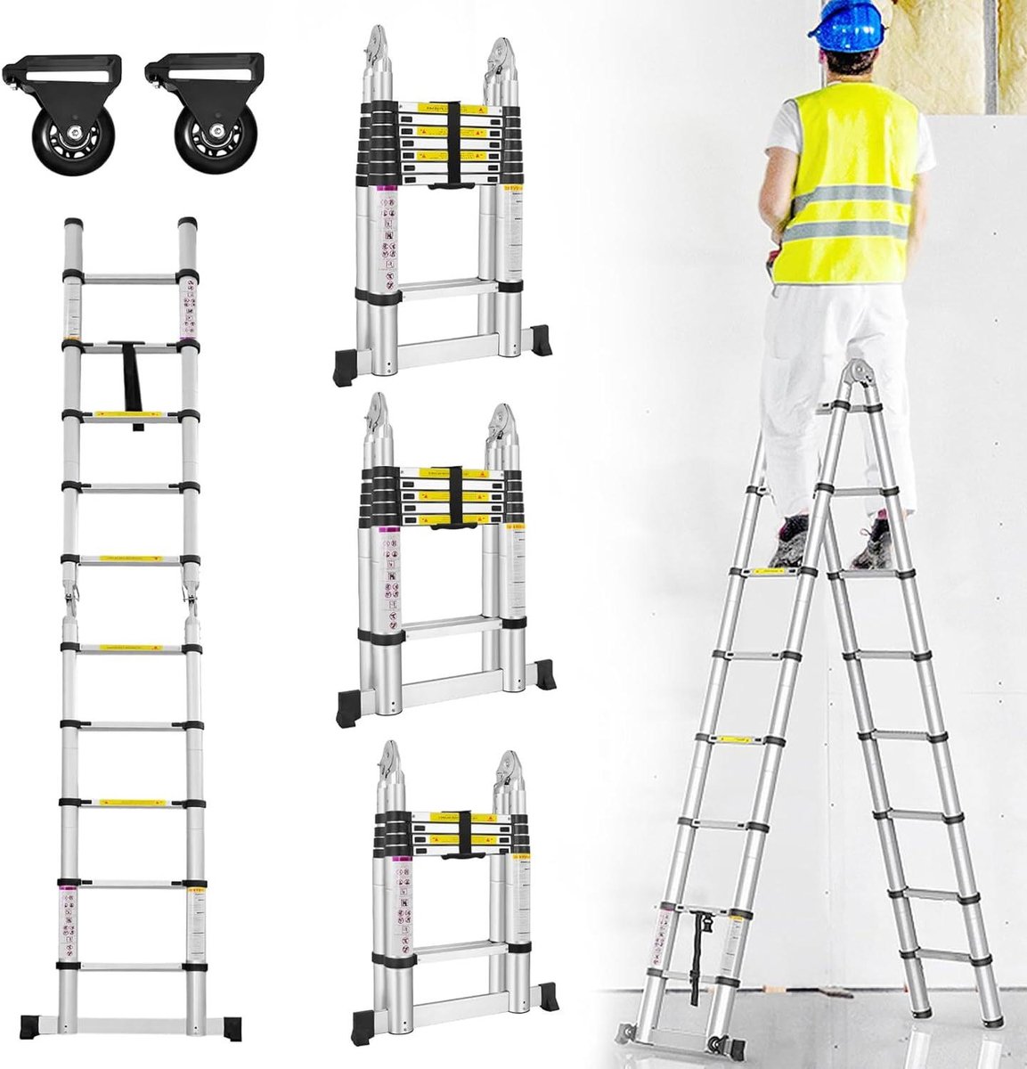 Telescopische Ladder - Inklapbare Ladder - Klusjes Binnenshuis - Veiligheidsknop Vergrendeling - 5 Meter - Zilver