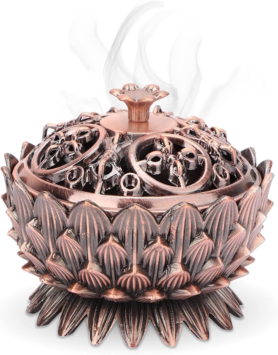SnelShoppen - Antieke Zink Lotus Wierookhouder, Hollow Patroon Wierookstokhouder met Deksel voor Stok, Cone en Coil Wierook, Decoratie voor Thuis en M