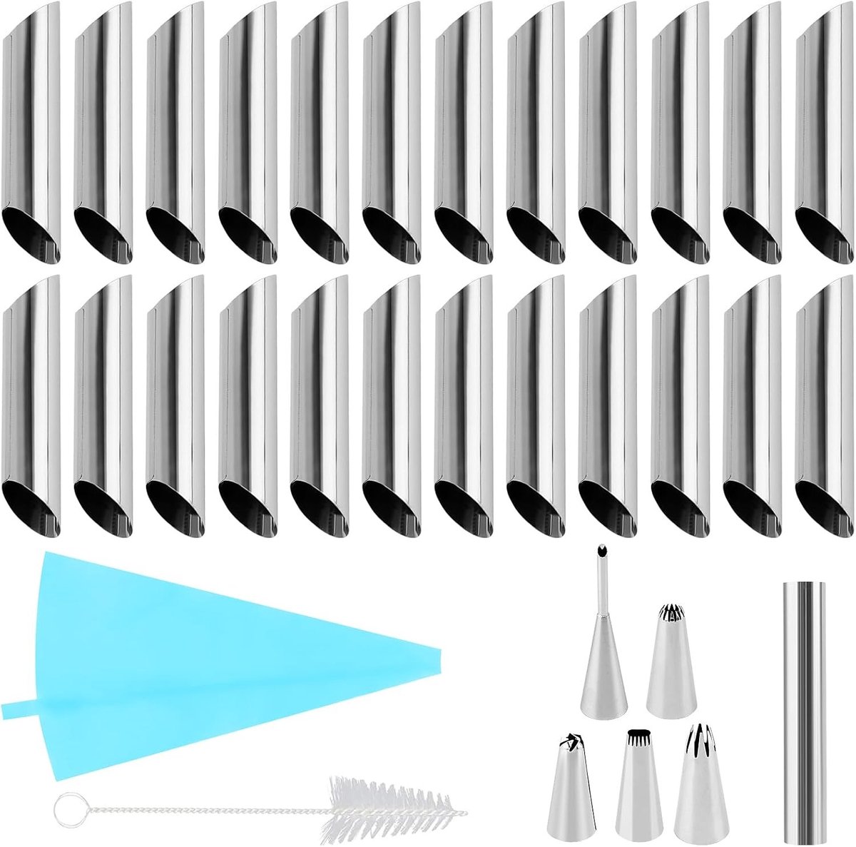 Complete 25-delige set voor het maken van cannoli met 18 vormen, 5 spuitmondjes, 1 spuitzak en 1 reinigingsborstel voor perfect gebakken cannoli en desserts
