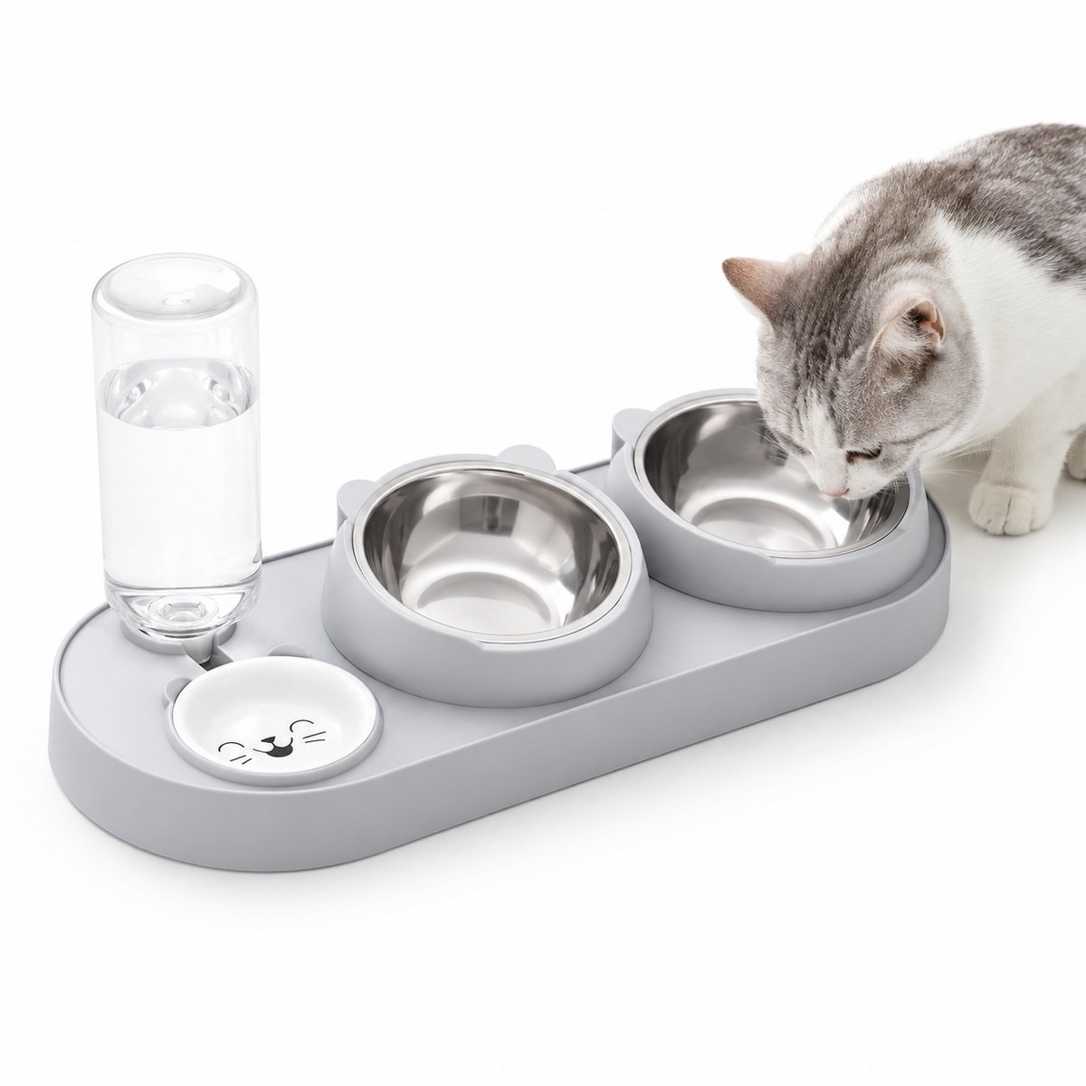 3-in-1 Kattenvoerbak met Automatische Waterdispenser - RVS Eetbak Tegen Zwarte Kin - Voer- en Drinkbak voor Katten en Kleine Honden - Grijs