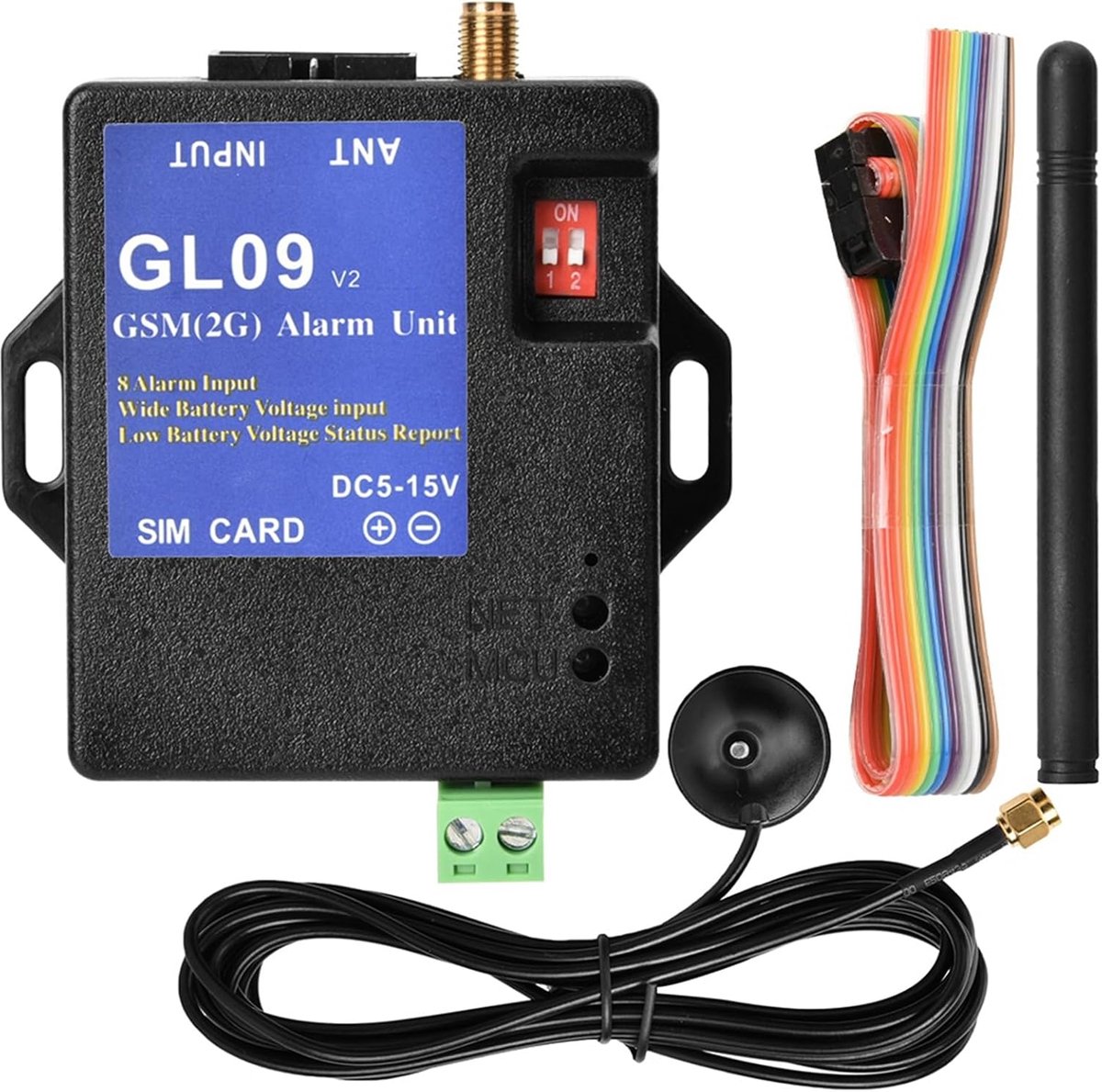SnelShoppen - GSM Alarm Systeem GL09 8 Kanaals Accu Aangedreven SMS Waarschuwingssysteem voor Thuis en Magazijn, Duurzaam ABS Plastic, Instelbare Alar