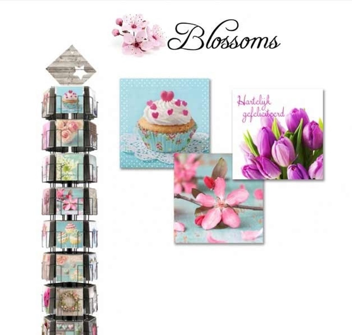 Blossoms 15x15 cm complete serie inclusief display in bruikleen, topkaart en backcards