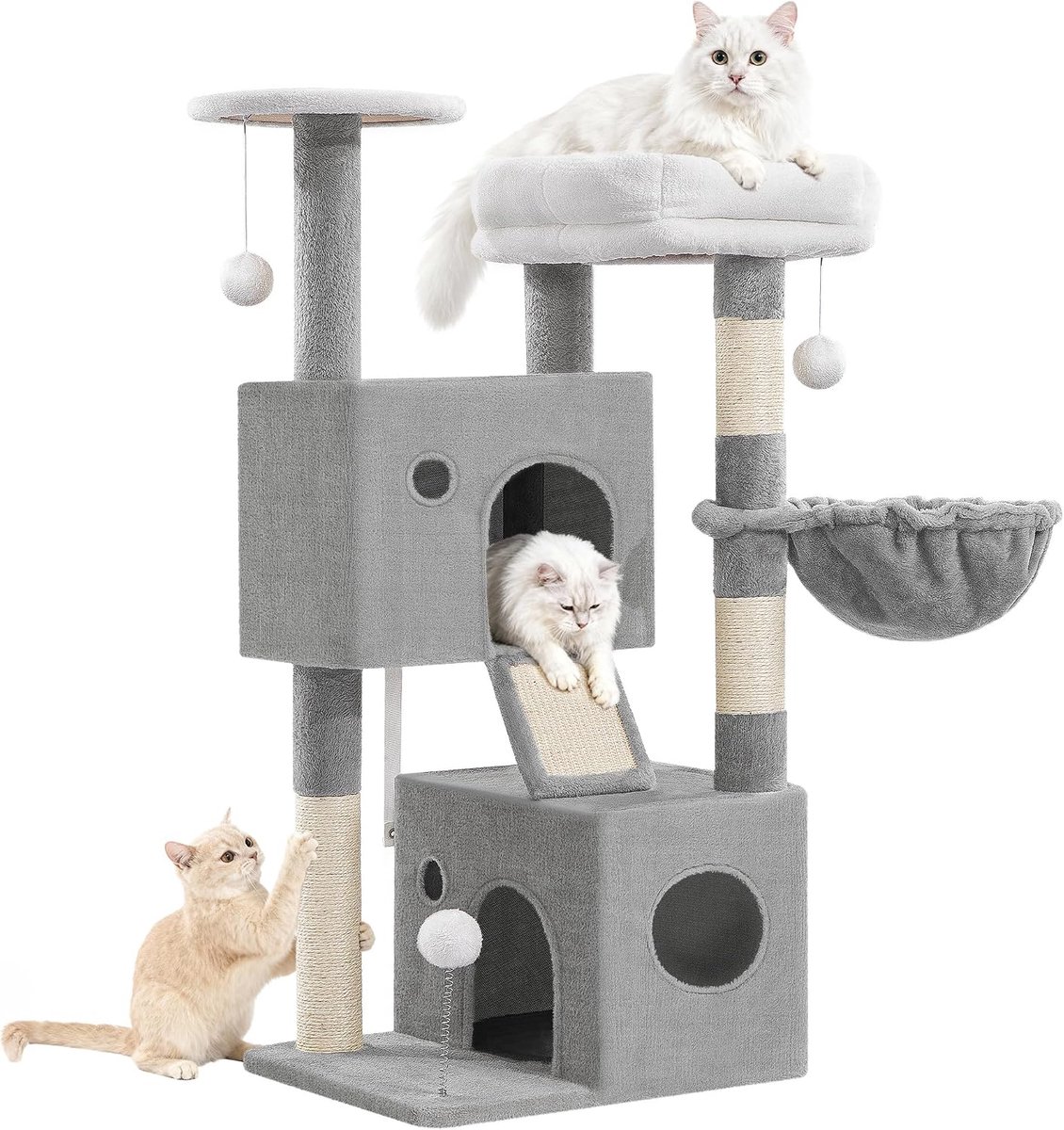 Hzuaneri Kattenkrabpaal voor Binnenshuis, 108 cm Kattenkrabpaal, Inclusief Krabpaal, 2 Kattenmandjes, Rustplatform Bovenop, Pluizenbolletjes, Kattenmand, Krabplank, Lichtgrijs