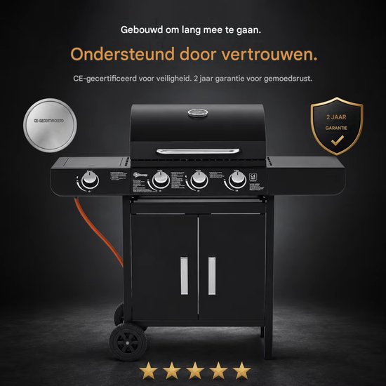 Gasbarbecue 3+1 Branders 110x50x100 cm Zwart – RVS met Zijbrander & Zijplank — afbeelding 3